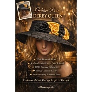Derby Wide Brim Hat Embellished with Gold Black Roses VIntage inspired retro 50s